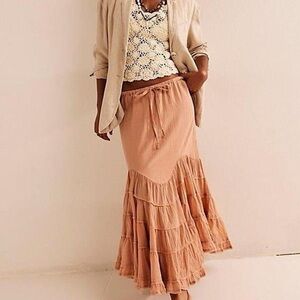 Free People Cream Tie Front Tiered Maxi Skirt